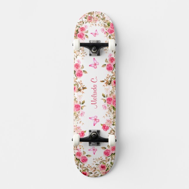 Skateboard Roses roses et papillons roses (Recto)