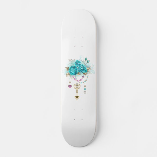 Skateboard Roses turquoise avec touches (Recto)