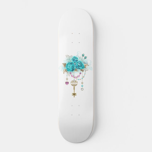 Skateboard Roses turquoise avec touches (Recto)