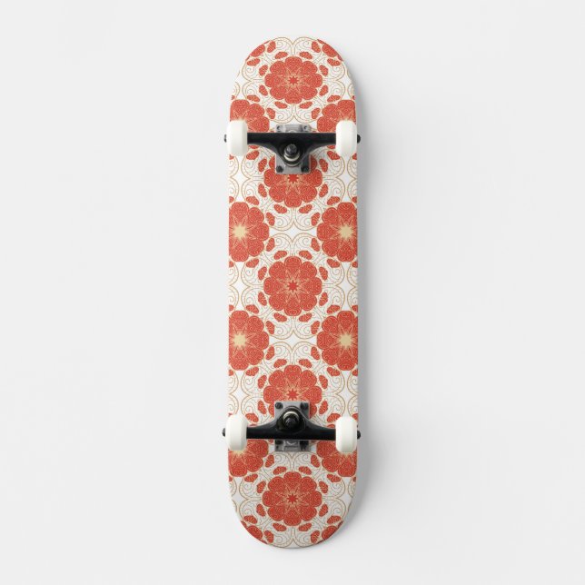 Skateboard Rouge et motif floral de dentelle d'or (Recto)