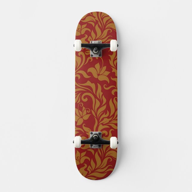 Skateboard Rouge et motif floral d'or (Recto)