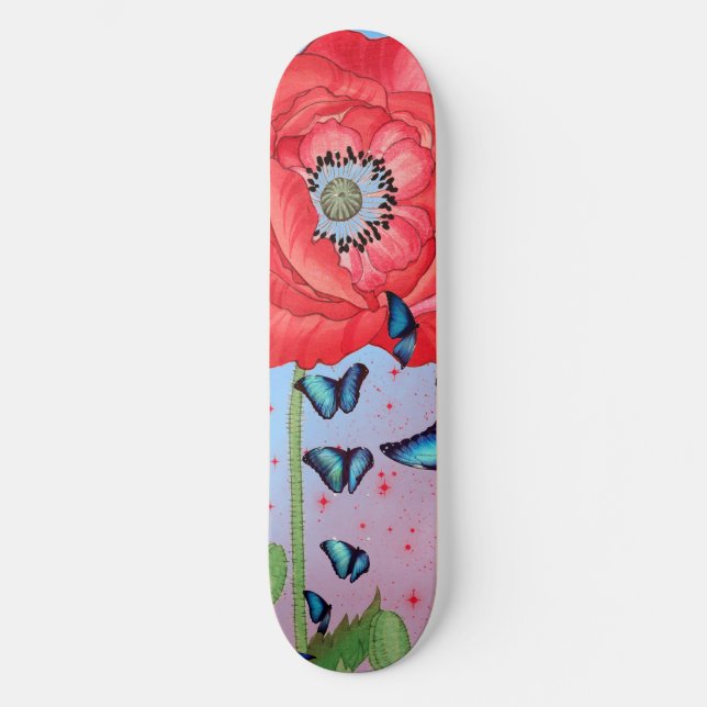 SKATEBOARD ROUGE POPIES ET BUTTERFLIS BLEUS (Recto)