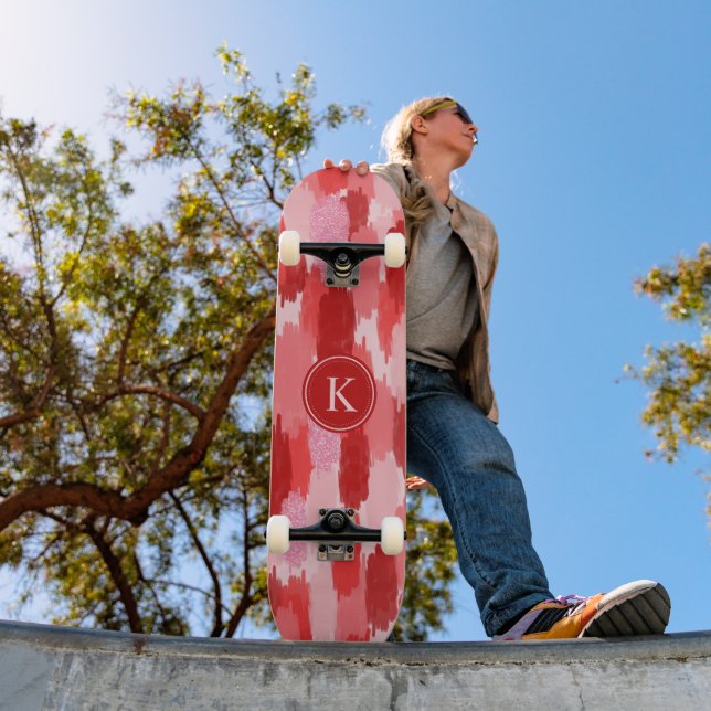 Skateboard Rouge rose Abstrait brosses Motif Monogramme (Extérieur 1)