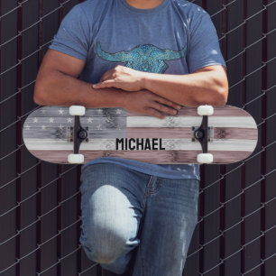 Skateboard Rouge rustique Blanc Bleu Bois américain drapeau A