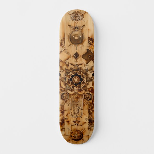 Skateboard Sacred geometry skateboard, pryrography on wood (Recto)
