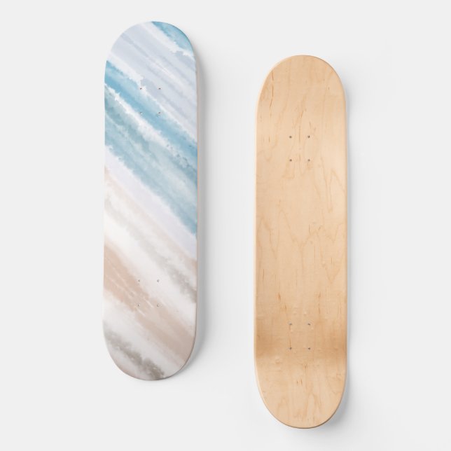 Skateboard Sandy Beach Ocean Waves Aquarelle Abstraite (Recto)