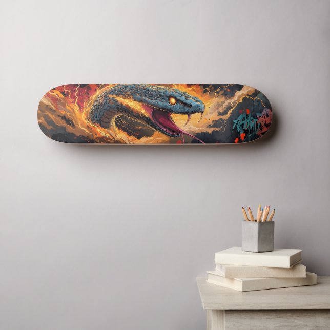 Skateboard Serpent à flamme intense aux yeux brillants (Art mural (Horz))