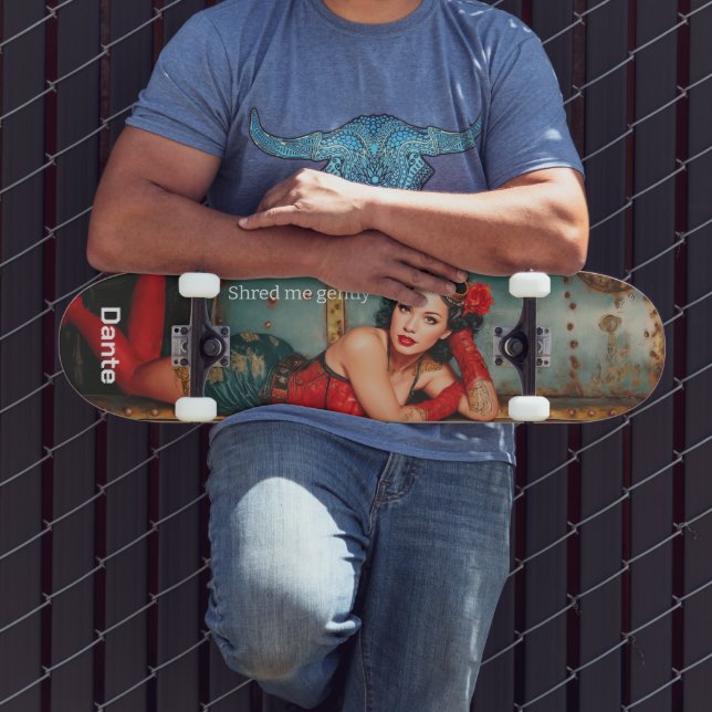 Skateboard "Shred me gently" steampunk pinup girl painting (Extérieur 3)