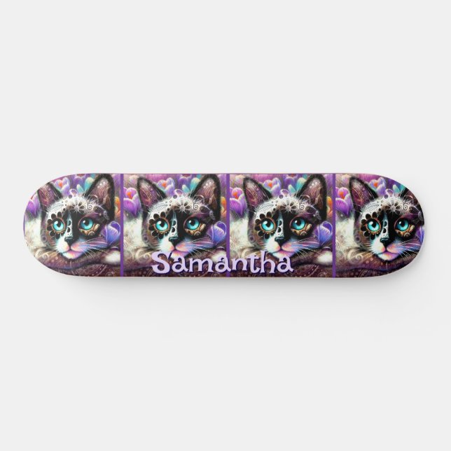 Skateboard Siamese White Kitty Chat Crocus Floral Personnalis (Horz)