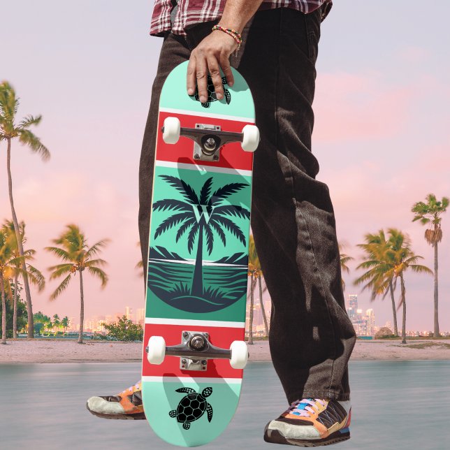 Skateboard Silhouette de Tortue de Palmier Rouge Vert Initial (Créateur téléchargé)