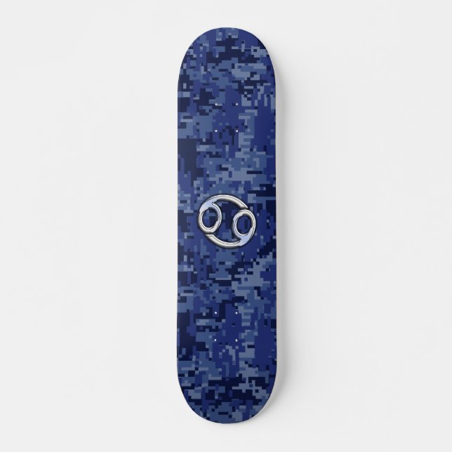 Skateboard Silver Cancer Zodiac Sign Navy Blue Digital Camo (Devant)