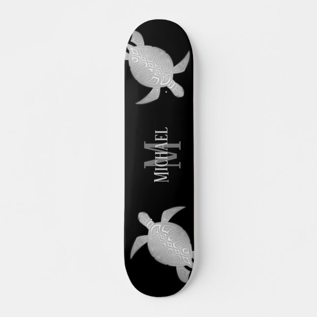 Skateboard Silver Turtle Tribal Black Background Monogram (Devant)