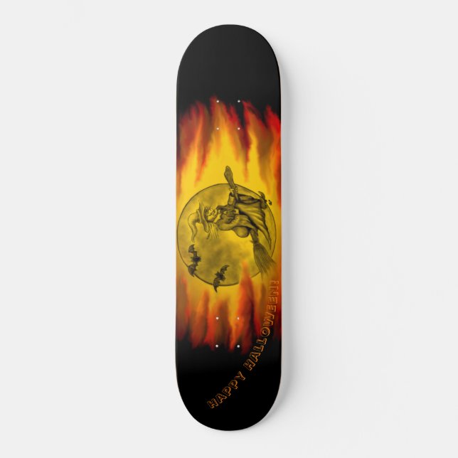 Skateboard Sorcière volante avec chat noir, nuit halloween (Recto)