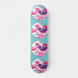 Skateboard Spaceman surfant La Grande vague rose