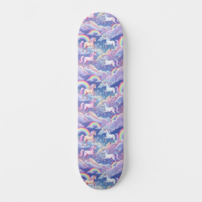 Skateboard Sparkly rainbow and unicorns on clouds (Recto)