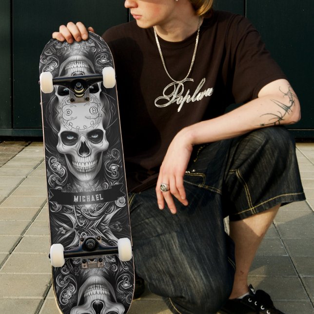 Skateboard Squelette gothique Crâne noir et blanc (Gothic Skeleton Skull Black & White Skateboard)