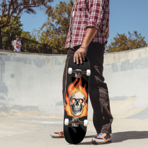 Skateboard Squelette rétro mort brûlant crâne en feu