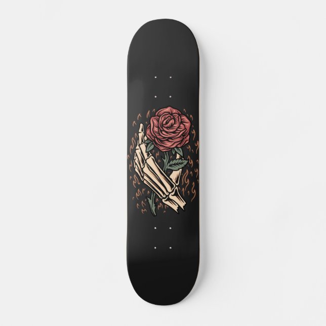 Skateboard Squelette tenant à la main Rose Fleur gothique Flo (Recto)