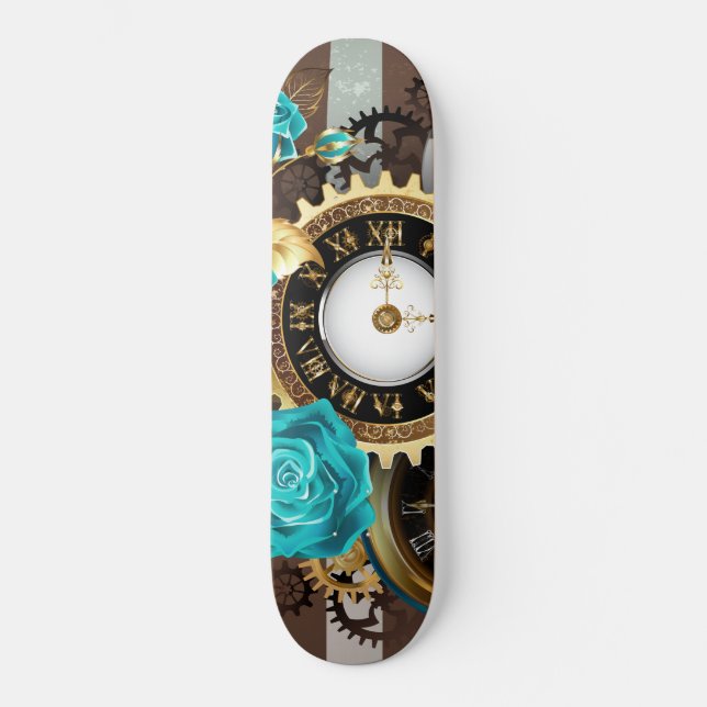 Skateboard Steampunk Clock and Turquoise Roses on Striped (Recto)