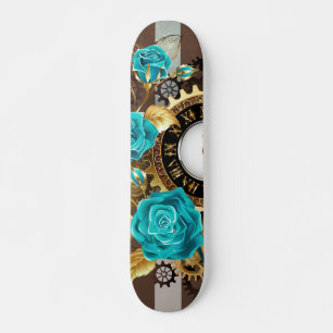 Skateboard Steampunk Clock and Turquoise Roses on Striped
