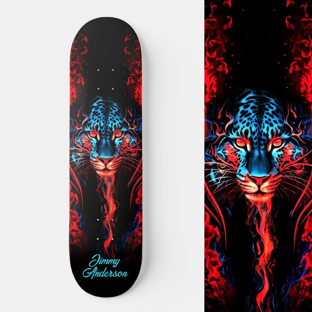 Skateboard Style Cool bleu et rouge vif (Fiery Glowing Tiger Blue & Red Cool Style Skateboard)