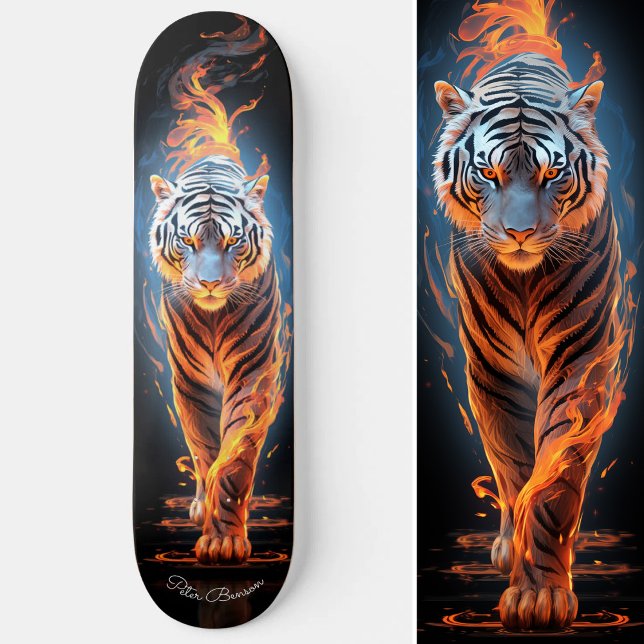 Skateboard Style Cool brillant et blanc Tigre Frise (Fiery Tiger White & Blue Glowing Cool Style Skateboard)