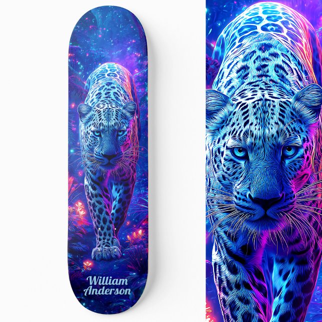 Skateboard Style Cool de guépard bleu vif (Fiery Glowing Blue Cheetah Cool Style Skateboard)