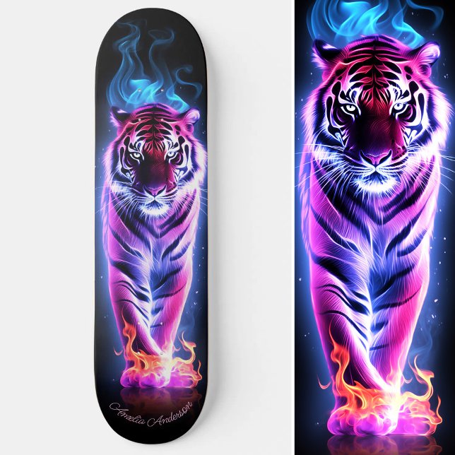 Skateboard Style Cool rose et bleu brillant (Fiery Tiger Pink & Blue Glowing Cool Style Skateboard)