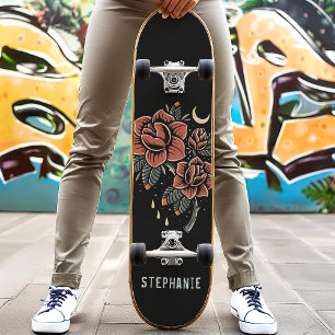 Skateboard Style de tatouage Rose céleste rétro Nom personnal