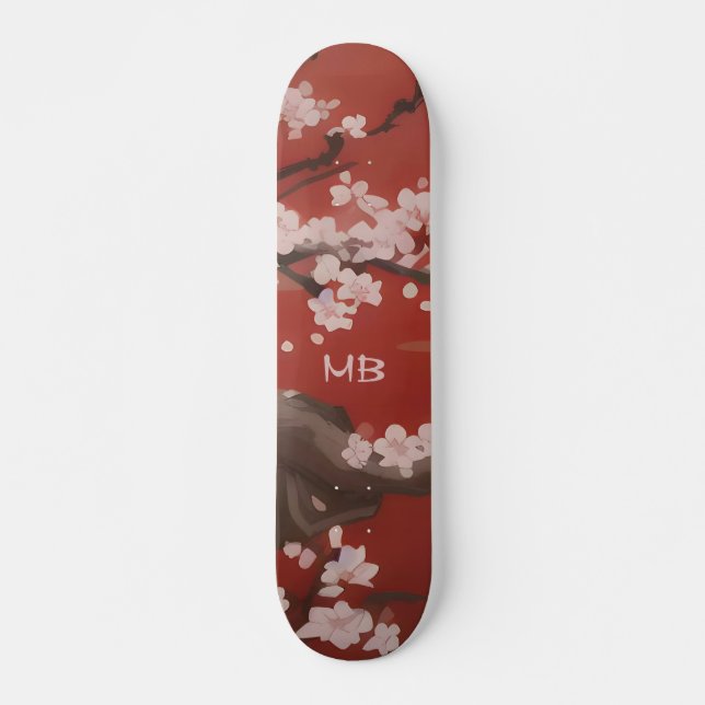 Skateboard Style japonais Arte cerise blanche Fleur rouge (Devant)