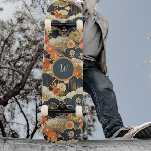 Skateboard Style Japonais Rétro Floral Turquoise Initiale