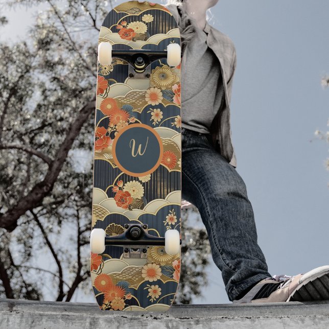 Skateboard Style Japonais Rétro Floral Turquoise Initiale (Créateur téléchargé)