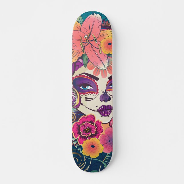 Skateboard Sugar crâne femme en portrait de couronne de fleur (Devant)