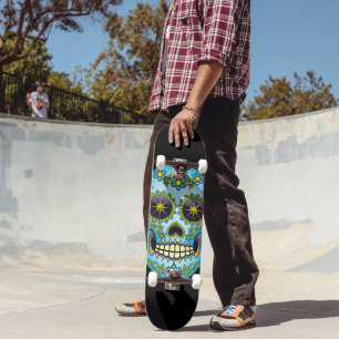 Skateboard Sugar Skull Blue Floral
