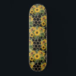 Skateboard Sunflowers Honeycomb Floral Pattern Black<br><div class="desc">This design features yellow sunflower bouquets and a gold hexagonal honeycomb pattern on a black background.</div>