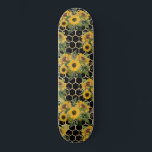 Skateboard Sunflowers Honeycomb Floral Pattern Black<br><div class="desc">This design features yellow sunflower bouquets and a gold hexagonal honeycomb pattern on a black background.</div>