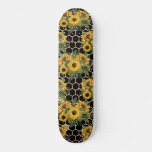 Skateboard Sunflowers Honeycomb Floral Pattern Black