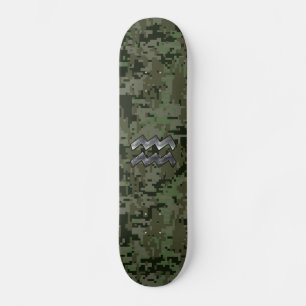 Skateboard Symbole Zodiaque Aquarius sur camo numérique vert