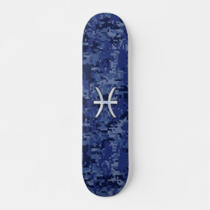 Skateboard Symbole Zodiaque Pisces sur Camo numérique bleu ma
