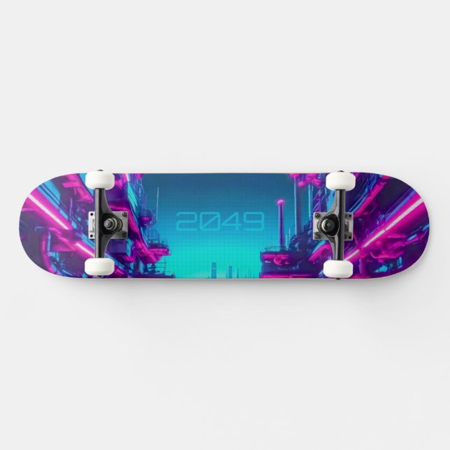 Skateboard Synthwave Cité Néon Cyberpunk Industriel (Horz)