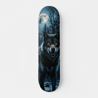 Skateboard Tabla de Skate Lobo en Bosque Nocturno con Luna
