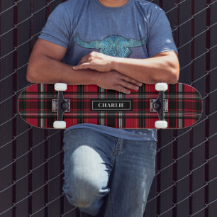 Skateboard Tartan Rouge Et Noir Plaid Motif Et Nom Personnali