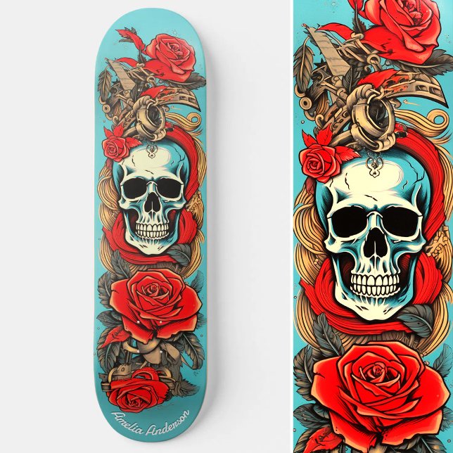 Skateboard Tatouage classique Art Crâne Rose éléments nautiqu (Classic Tattoo Art Skull Rose Nautical Elements Skateboard)