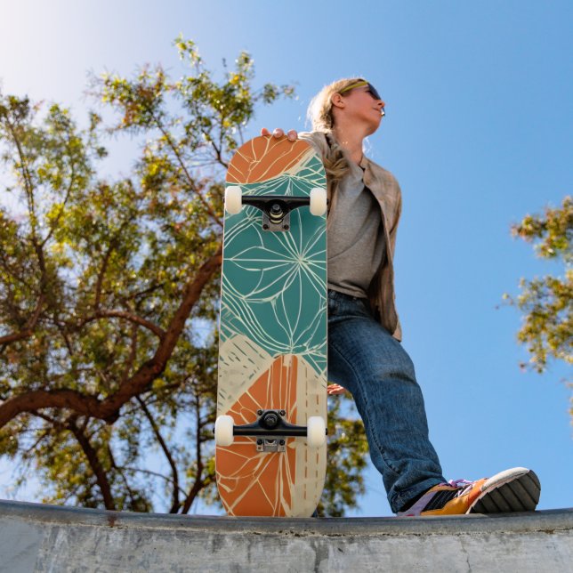 Skateboard Teal, Orange, and Tan Abstract Flowers  (Extérieur 1)