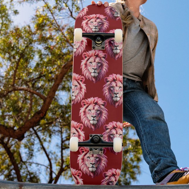 Skateboard Tête de lion rose bordeaux Design  (Créateur téléchargé)