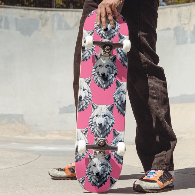 Skateboard Tête de loup blanc motif design rose  (Créateur téléchargé)