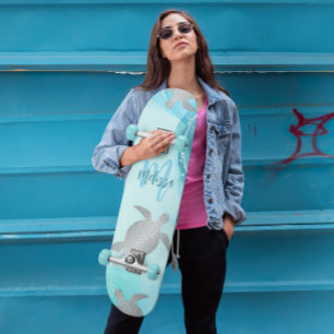 Skateboard Tortues d'argent Monogramme de marbre bleu Votre n