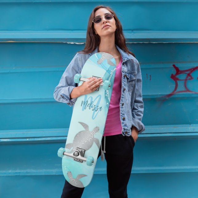 Skateboard Tortues d'argent Monogramme de marbre bleu Votre n (Créateur téléchargé)