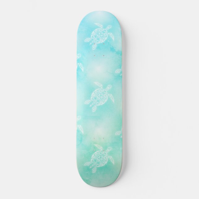 Skateboard Tortues Turquoise Motif Tropical Côtier (Recto)