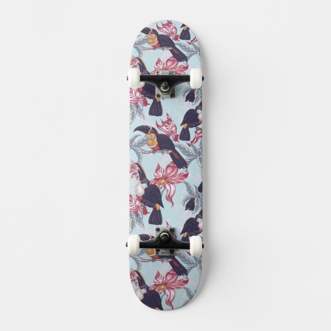 Skateboard Toucans avec les fleurs exotiques (Recto)